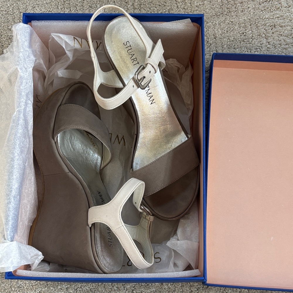 Stuart Weitzman Beige and Taupe Wedge Sandals
